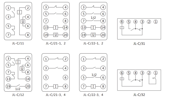 JL-C/22-3、4反時(shí)限電流繼電器內(nèi)部接線及外引接線圖（正視圖）