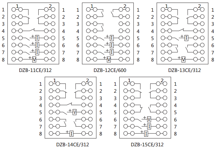 DZE-11CE/312保持中間繼電器內(nèi)部接線圖及外引接線圖